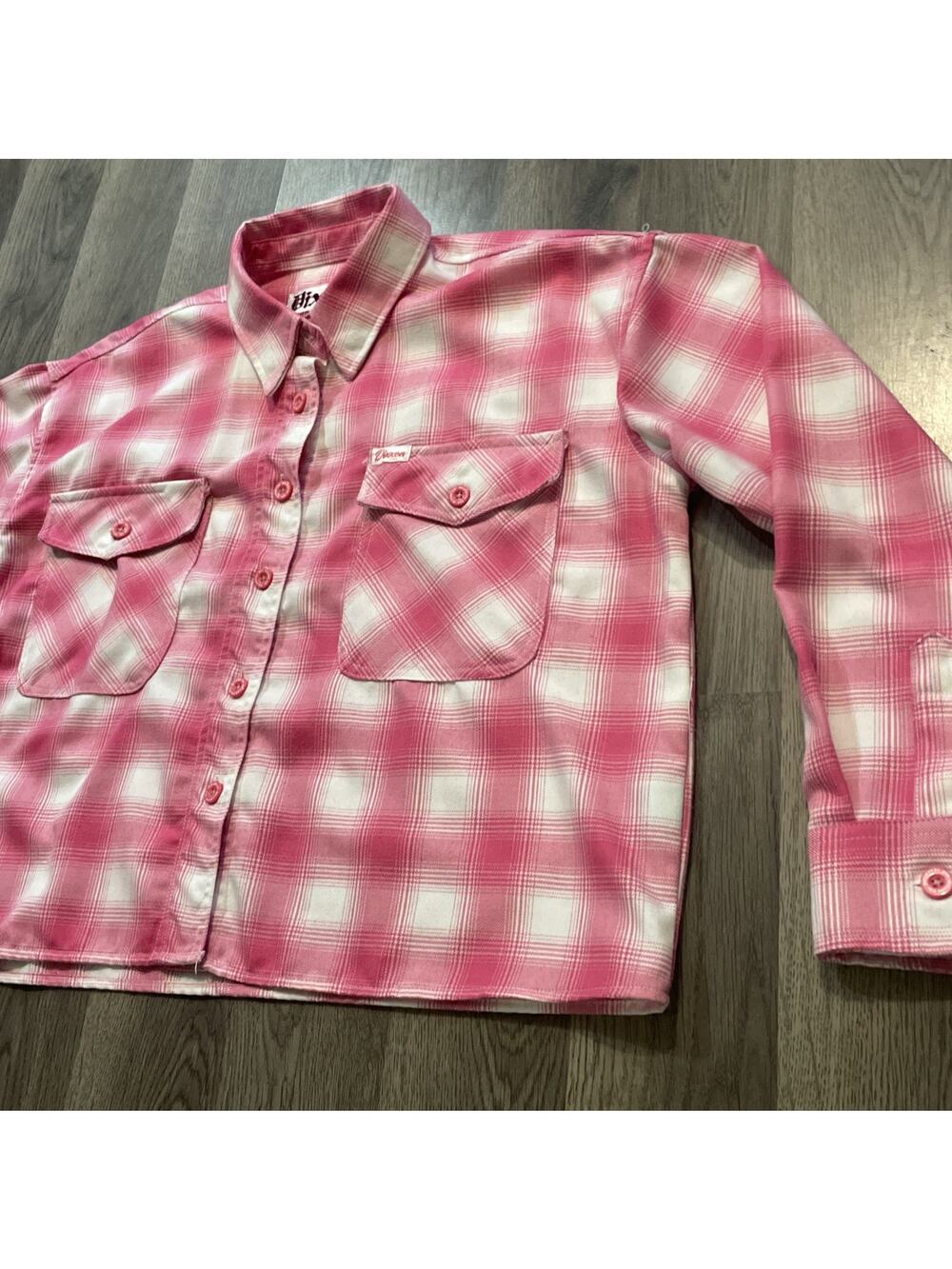 DIXXON Women's The Valentine Pink & White Plaid Crop Flannel Shirt Sz L